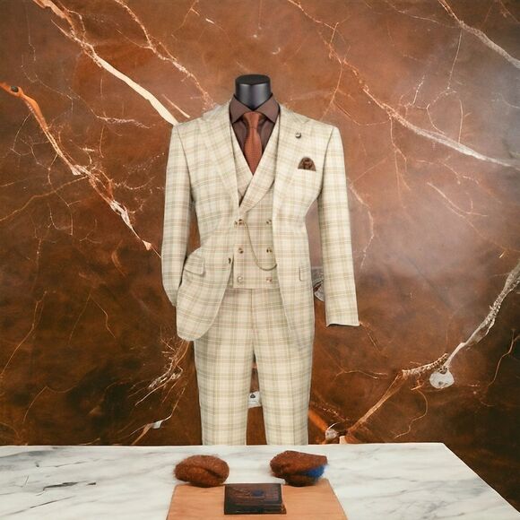 MEN'S VINCI 3 PIECE MODERN FIT KHAKI WINDOWPANE PLAID SUIT. MV2W-3 - Picture 1 of 3